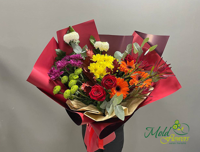 Bouquet of Multicolored Chrysanthemums and Gerbera photo